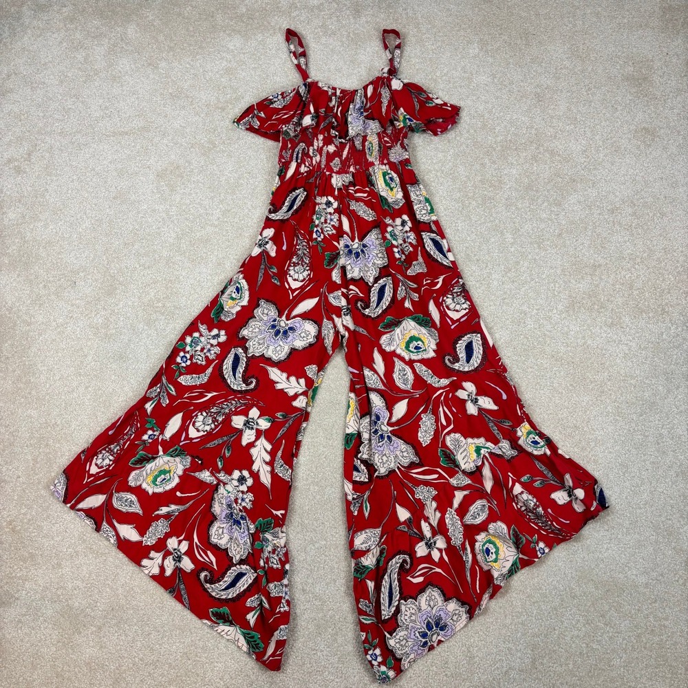 B.O.G Collective Red Floral Paisley Smocked Wide Leg‎ Ruffle Jumpsuit Medium